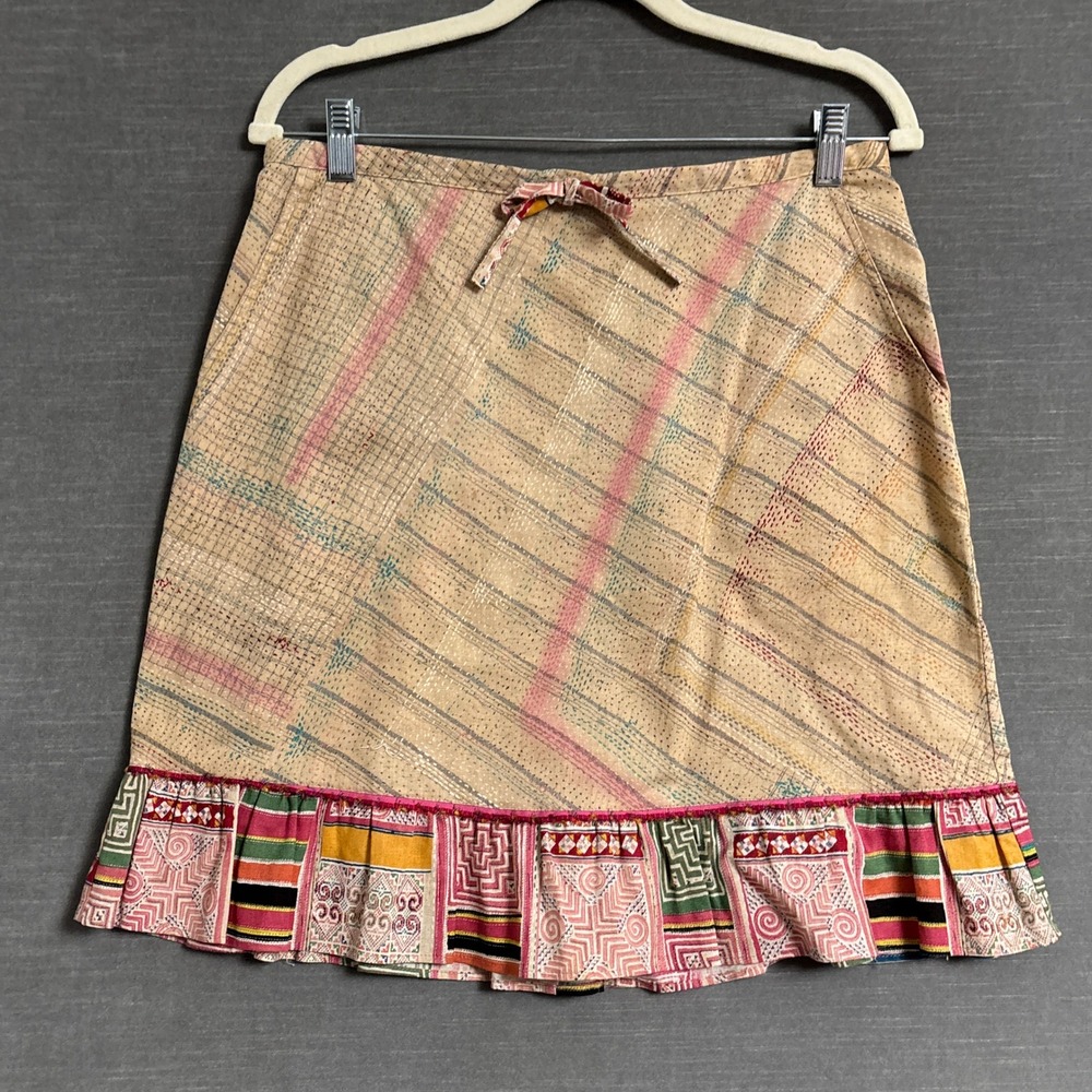 Vintage Jams World Skirt M Tan Linen Cotton Nepal Ruffle Boho Beach Indie Hawaii